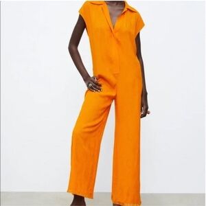 Zara Orange Jacquard Jumpsuit with Belted Waist and Wide-Leg Design